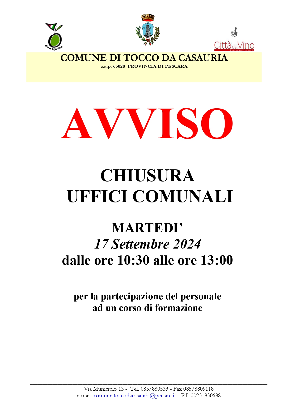 AVVISO CHIUSURA UFFICI COMUNALI